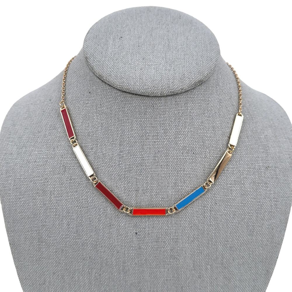 Brooks Brothers Enamel Bar Necklace Goldtone Red White Blue